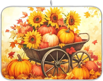 Pumpkin Sunflower Autumn Thanksgiving Dish Drying Mat for Kitchen Counter Absorbent Microfiber Drying Pad, Medium 16x18 in