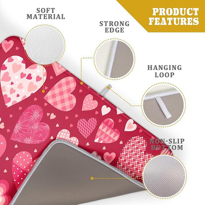 Valentine Day Love Heart Dish Drying Pad 18 x 24 Inch with Absorbent Reversible Microfiber Happy Valentines Pink Red Hearts Drying Mats For Kitchen Counter Dining Room Decoration
