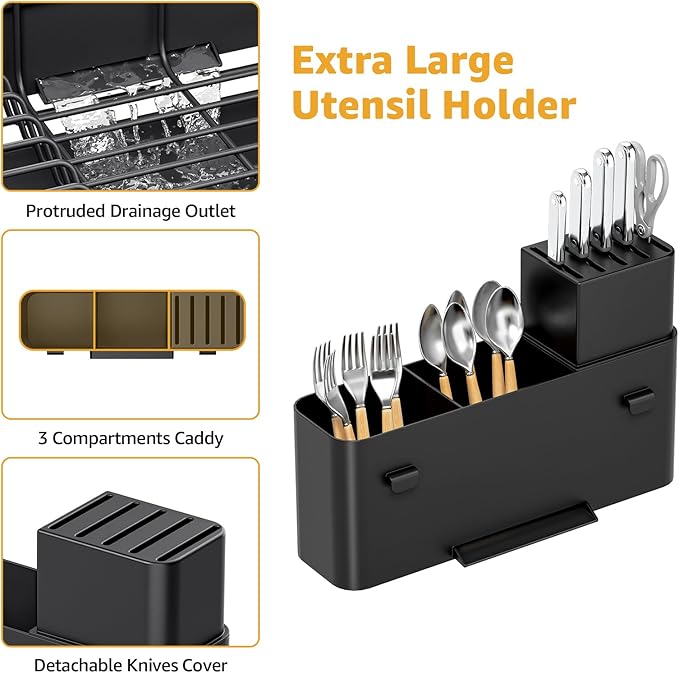 Urackify Large Dish Drying Rack – Expandable Dish Rack for Kitchen Counter, Multifunctional Dish Drainer with Cup & Wine Glass Holder, 16.2"-26" L x 17" W, Black
