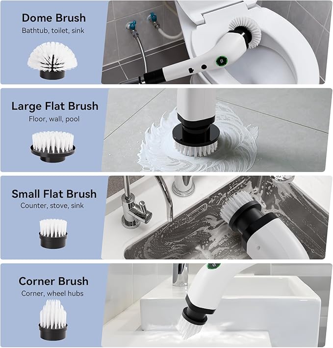 Electric Bathroom Cleaning Brush, Cordless Spin Scrubber Full Body Waterproof IPX7 with Adjustable Handle, 8 Replaceable Brush Heads for Bathtub/Kitchen/Window/Home -SD-CTB01