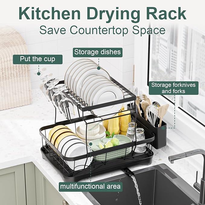 LIYI Dish Drying Rack,Large Dish Rack for Kitchen Counter,2-Tier Dish Racks with draining Tray,Detachable Capacity Dish Drainer Organizer,Black