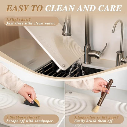 Pearl White 2Pcs Large Stone Dish Drying Mat with Acacia Wood Holder Stand for 1 Inch Cutting Board and Stone Drying Mat for Kitchen Counter Quick Dry Diatomaceous Earth Mat for Kitchen Counter