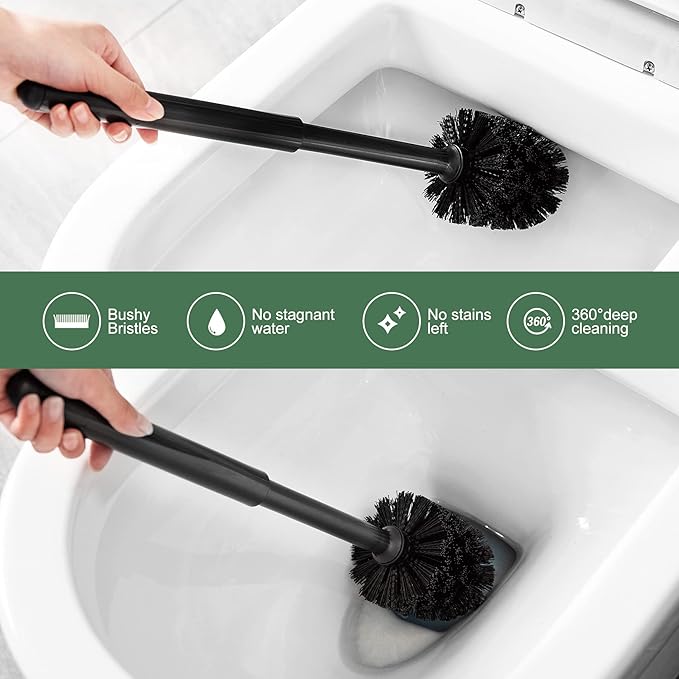 Eyliden Toilet Plunger and Brush, 2 in 1 Toilet Bowl Brush Plunger Set with Holder, Bathroom Cleaning Tools Combo with Caddy Stand, Nylon Bristles, Shatter-Resistant Plastic, Black