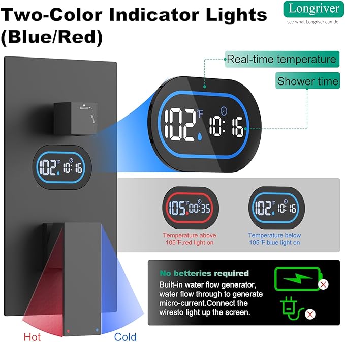 Shower Faucet Set with Hydro Power Temperature Display, Shower System Bathroom 12 Inches Shower Head with Handheld Spray, Wall Mounted Shower Fixtures with Shower Valve and Trim Kit, Matte Black