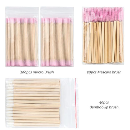 300 pcs Eyelash Extension Supply Kits 200pcs Disposable Double pointed head Wooden Micro Brush 50pcs Eyebrow Lash Spoolie 50pcs Lip Brush Mascara Wand Applicator Makeup Tools (Bamboo pink kits)