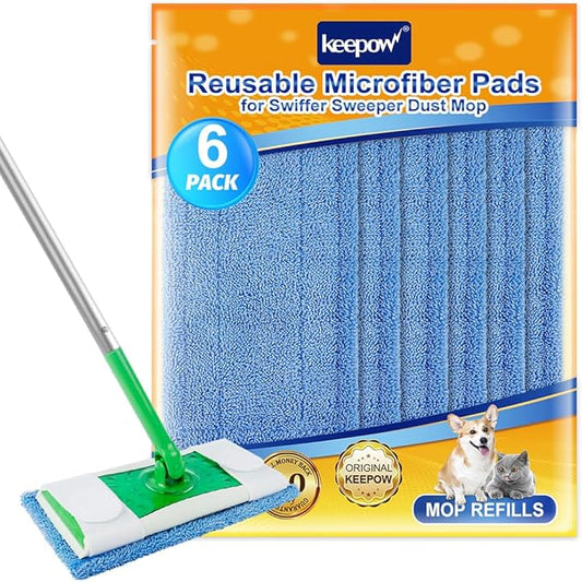 Microfiber Mop Pads Compatible with Swiffer Sweeper Mops, 6 Pack Reusable and Machine Washable Floor Mop Pad Refills, Mop Head Replacements for Multi Surface Wet & Dry Cleaning