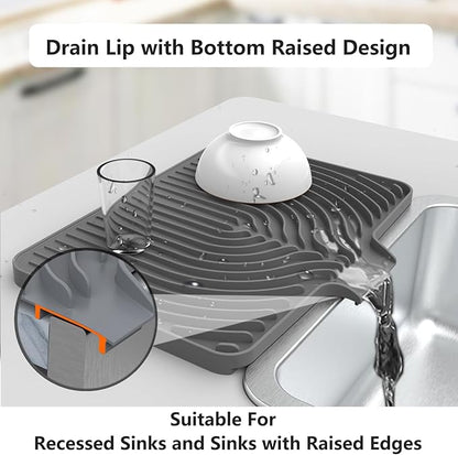 Dish Drying Mat for Kitchen Counter, with Built-in Drain Lip, Food-Grade Silicone, Easy Clean Pad for Countertop Protection, Multi-Functional Use (18 x12 Raised Sink, Grey)