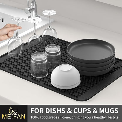 ME.FAN Silicone Dish Drying Mat for Kitchen Counter, Dish Drying Pad for Sink, Refrigerator or Drawer, Countertop Protection Pad L - 18''×16'' - Black