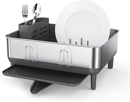 simplehuman Compact Dish Drying Rack with Stainless Steel Frame, 360º Easy Drain Swivel Spout, Utensil Holder, Anti-Residue Coating, Moisture Control Surface, Grey