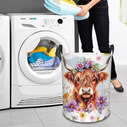 Highland Cow Laundry Basket, 43L Round Oxford Cloth Laundry Hamper, Waterproof Collapsible Storage Organizer Bin with Handles for Toys, Nursery Home Storage, Gift for Chritsmas Thanksgiving 13.8x17.7