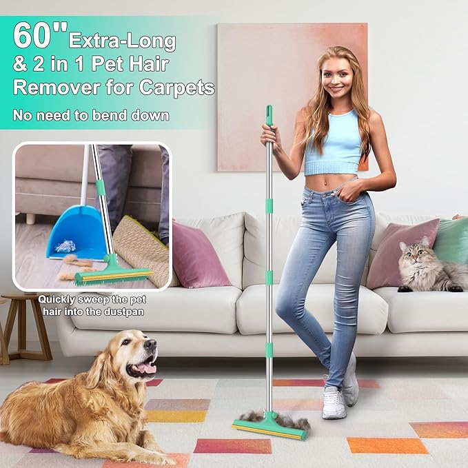 Carpet Rake for Pet Hair Removal, Reusable Pet Hair Remover Broom, 60'' Adjustable Long Handle Dog and Cat Hair Remover Tool Set of 3, Lint Remover Scraper for Carpets, Rugs, Mats, Couch, Car