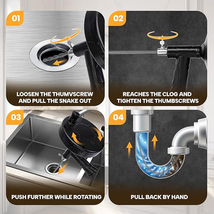 Drain Auger 33 ft, Plumbing Snake Hair Clog Remover Drain Snake Flexible Grabber Heavy Duty Sink Cleaner Tools for Shower Bathtub Bathroom Kitchen Pipe, Black