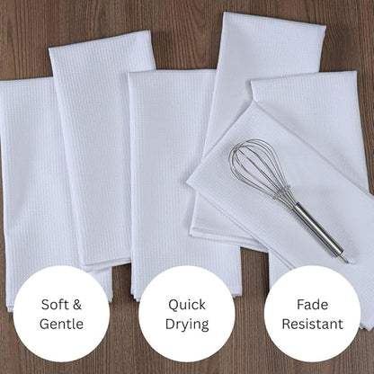 Waffle Kitchen Towels 100% Cotton Set of 6 - Heavy Duty 320 GSM Quality Dish Cloths - Soft Absorbent Washable for Kitchen Use - Quick Drying Dish Towel 16x26 inch White
