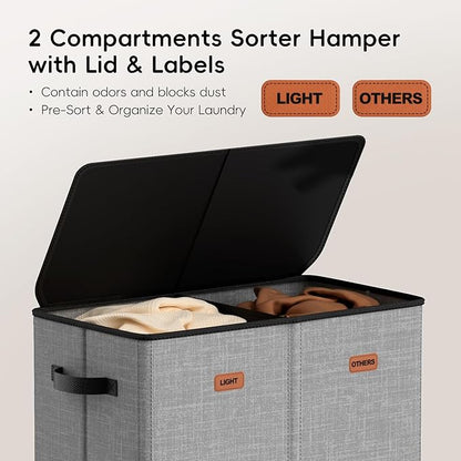 150L Double Laundry Hamper With Lid, Large Clothes Hampers with Removable Bag, Laundry Hamper 2 Section for Bathroom, Bedroom, Laundry Room, Dorm, Grey