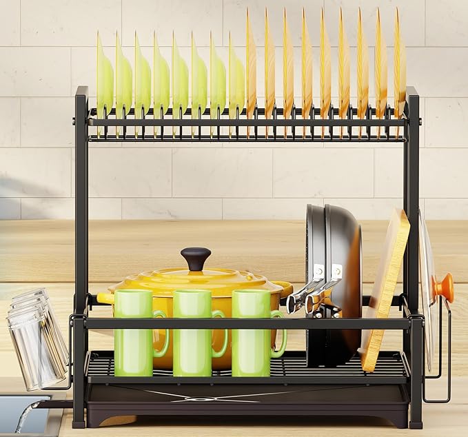 Simple Trending Dish Drying Rack, 2-Tier Dish Rack for Kitchen, Stainless Steel Dish Drainer, Black