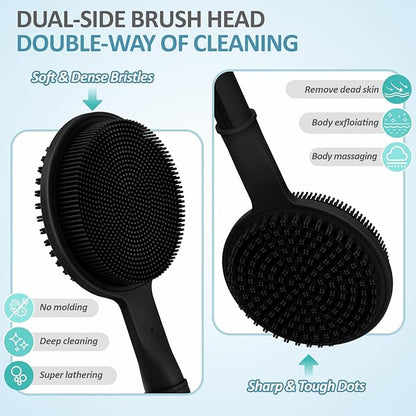 Silicone Back/Face Scrubber & Soft Bath Glove 3PCS, 16''- 24'' Extendable Shower Back Scrubber, 360° Anti-Slip & Hand-fit Silicone Bath Glove, Manual Face Brush for All-Round Cleaning(Black)