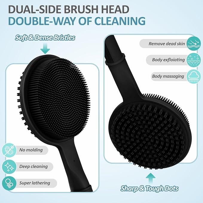 Silicone Back Scrubber & Soft Bath Glove 2PCS, 16''- 24'' Extendable Shower Scrubber with Dual-Side Head, 360° Anti-Slip & Hand-fit Silicone Body Scrubber for Rich Foaming Deep Cleaning(Black)