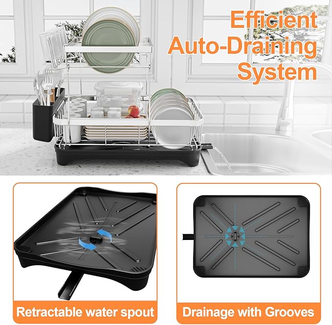Dish Drying Rack - 2-Tier 304 Stainless Steel Dish Rack for Kitchen Counter , Adjustable Spout Auto-Draining Dish Rack, Kitchen Organizers and Storage Rack with Drainboard and Cutlery Holder Black
