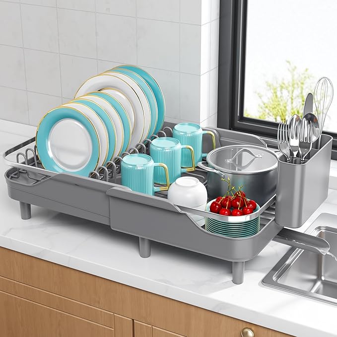 Urackify Expandable Dish Rack for Kitchen Counter, 16.14"-23.62" Large Stainless Steel Dish Drying Rack with Adjustable Water Spout, Space Saving Dish Drainer with Auto Draining Cutlery Holder,Grey