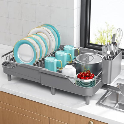 Urackify Expandable Dish Rack for Kitchen Counter, 16.14"-23.62" Large Stainless Steel Dish Drying Rack with Adjustable Water Spout, Space Saving Dish Drainer with Auto Draining Cutlery Holder,Grey
