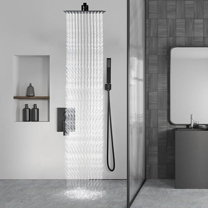 Aolemi Shower Faucet Set Rain Shower System with Handheld Spray Bathroom Shower Combo Rough-in Valve and Shower Trim Kit Included Matte Black 12 Inch Wall Mount Shower Head