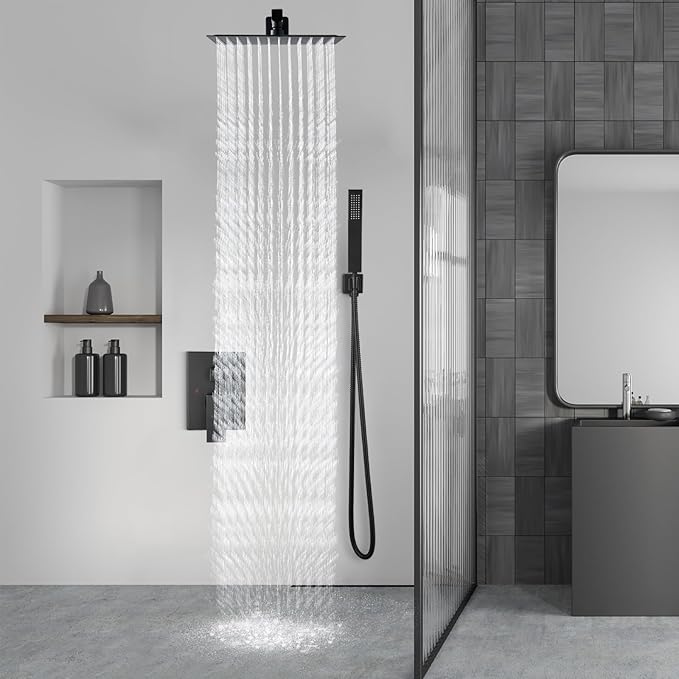 Aolemi Shower Faucet Set Rain Shower System with Handheld Spray Bathroom Shower Combo Rough-in Valve and Shower Trim Kit Included Matte Black 10 Inch Wall Mount Shower Head
