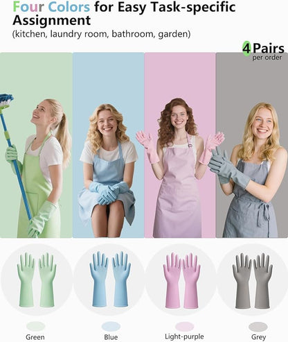 Rubber Cleaning Gloves for Dishwashing, 4 Pairs Reusable Kitchen Gloves for Washing Dishes with Non-Slip Grip