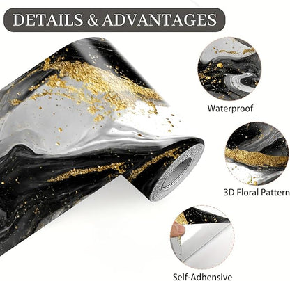 Marble Wave Wallpaper Border 196x4 Inch Peel and Stick Wall Border Black White Gold Pattern Removable Vinyl Wall Trim Kitchen Bathroom Living Room Home Decor