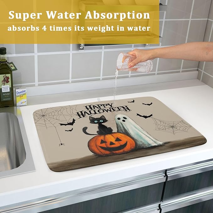 Happy Halloween Black Cat Ghost Dish Drying Mat for Kitchen Counter,Halloween Pumpkin Spiderweb Bat Drying Mat 18 x 24 Inch with High Absorbent Microfiber Drainer Mat for Coffee Bar