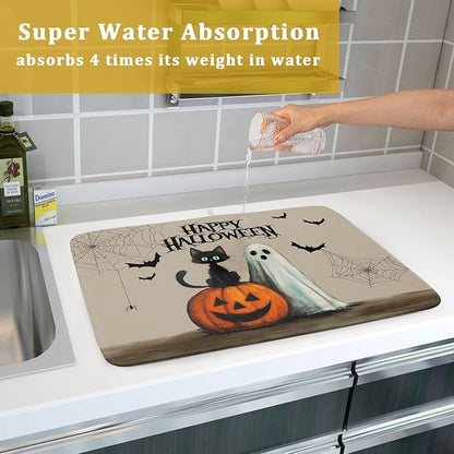 Happy Halloween Black Cat Ghost Dish Drying Mat for Kitchen Counter,Halloween Pumpkin Spiderweb Bat Drying Mat 18 x 24 Inch with High Absorbent Microfiber Drainer Mat for Coffee Bar