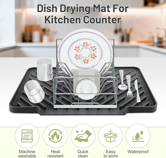 Silicone Dish Drying Mat for Kitchen Counter Essentials with Wider Drain Spout, Non-Slip Heat Resistant Dish Drying Pad with Hanging Hole for Sink RV Camper Travel Multipurpose Drainer Mat Black
