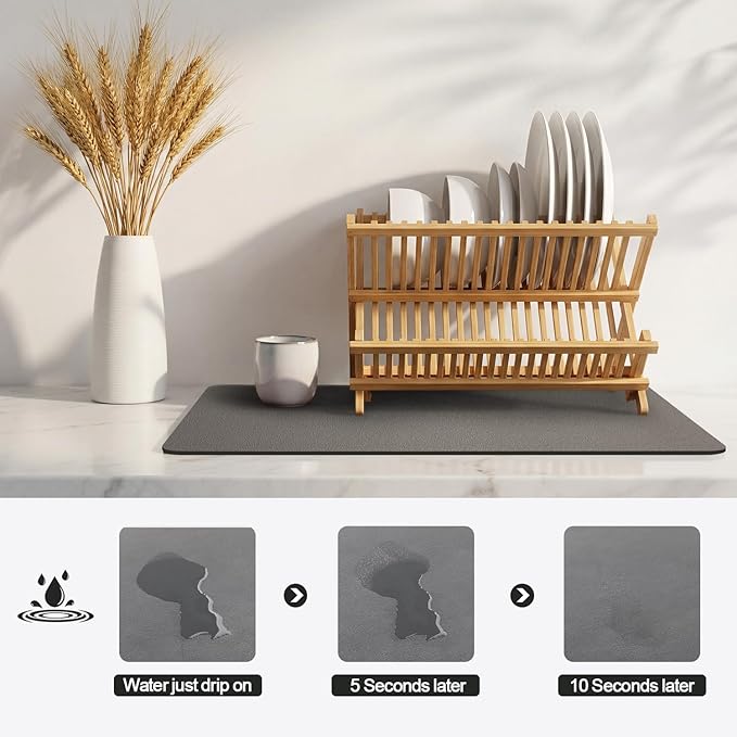 Ecotrim - Dish Drying Mat for Kitchen Counter | Coffee Bar Mat for Countertops | Heat Resistant Drainer Mat with Non-slip Rubber Backed | Hide Stain Kitchen Absorbent Draining Mat | Dark Grey 16"x18"