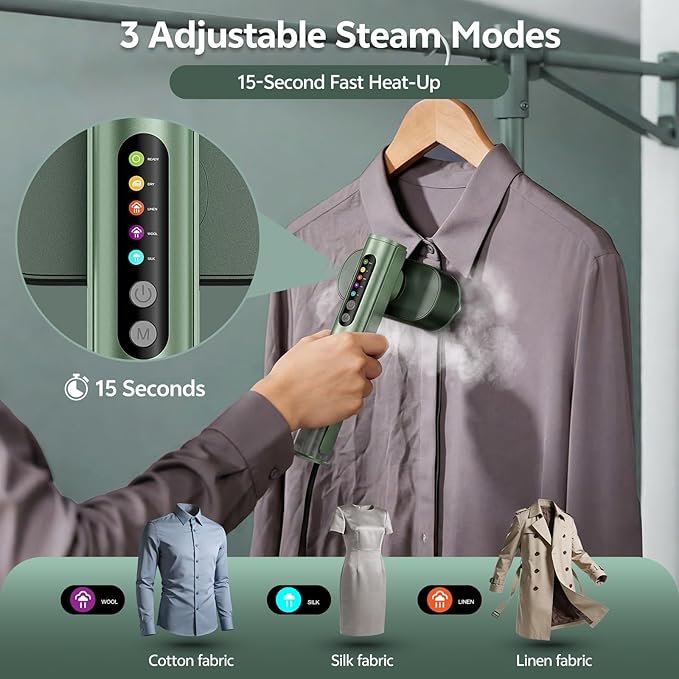 Portable Garment Steamer for Clothes, 100-220V Handheld Travel Steamer for Global, 2-in-1 Compact Clothes Steamer & Iron with 20g/min Steam, 90° Rotating Head Wrinkle Remover for Home & Travel(Green)