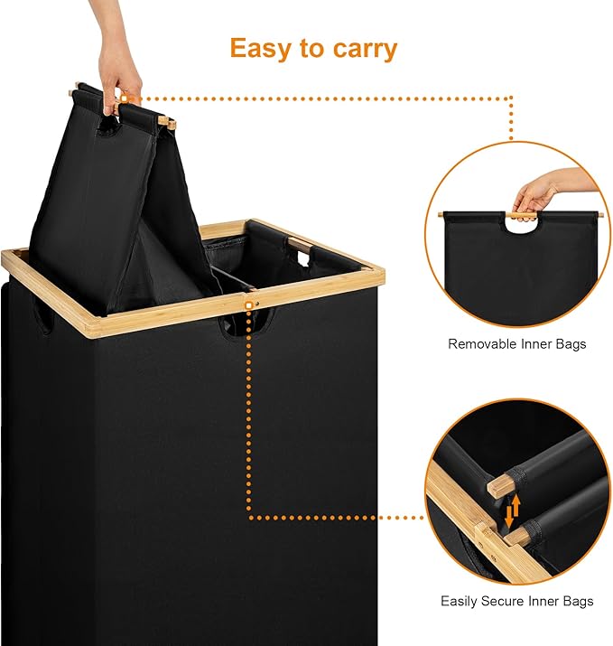 WOWLIVE 165L Double Laundry Hamper with Lid Bamboo Laundry Basket 2 Section,Large Dirty Clothes Hamper with Removable Linner Bags,Laundry Bin Organizer Storage for Dorm,Bedroom,Bathroom,Black