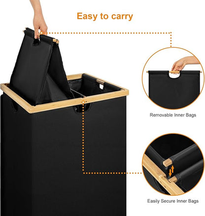WOWLIVE 165L Double Laundry Hamper with Lid Bamboo Laundry Basket 2 Section,Large Dirty Clothes Hamper with Removable Linner Bags,Laundry Bin Organizer Storage for Dorm,Bedroom,Bathroom,Black