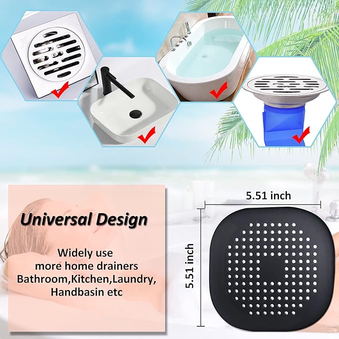 Hair Drain Catcher,Square Drain Cover for Shower Silicone Hair Stopper with Suction Cup,Easy to Install Suit for Bathroom,Bathtub,Kitchen 2 Pack (Black)