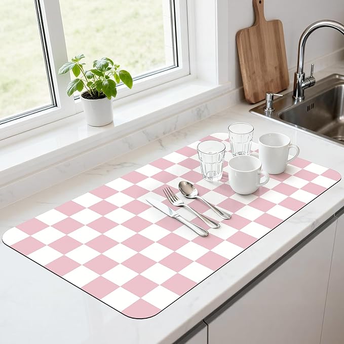 17" x 32" Checkered Dish Drying Mat for Kitchen Counter, Absorbent Coffee Bar Mat for Espresso Machine Coffee Countertops Accessories (Pink)