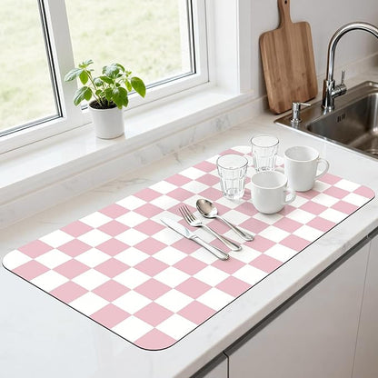 17" x 32" Checkered Dish Drying Mat for Kitchen Counter, Absorbent Coffee Bar Mat for Espresso Machine Coffee Countertops Accessories (Pink)