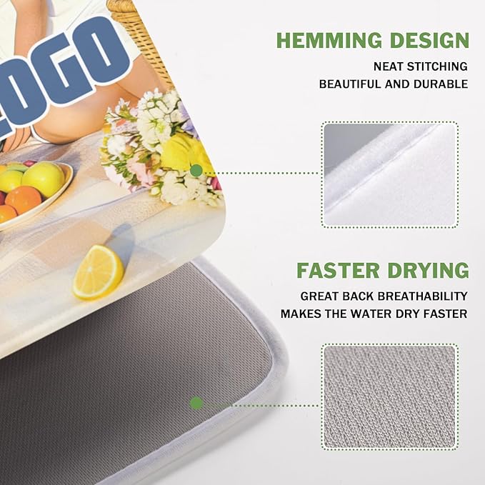 Custom Dish Drying Mat for Kitchen Counter Design Your Photo Text Business Logo 16 x 18 Inch Dish Drainer Mat Absorbent Microfiber for Coffee Bar Kitchen Dining Counter Decor
