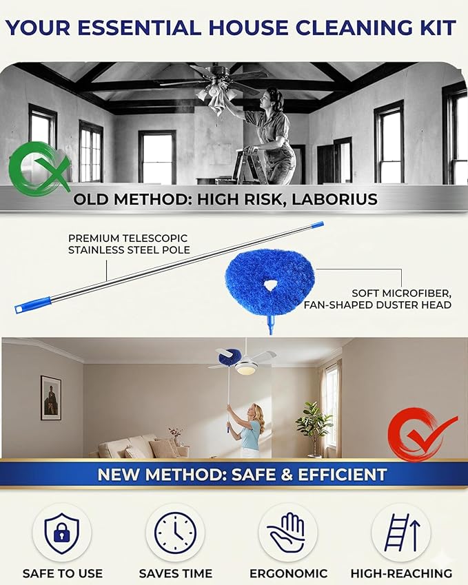 Dusters for Cleaning, 5-in-1 Dusters, Ceiling Fan Cleaner Duster with Extension Pole, Microfibe, Cobweb and Chenille Duster for Fans, Blubs, Cars, Blinds and Furniture