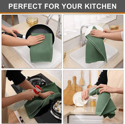 Kitinjoy 100% Cotton Waffle Weave Kitchen Hand Towels (13 X 28 Inches, Grass Green), 6-Pack Super Soft and Absorbent Dish Towel for Drying Dishes