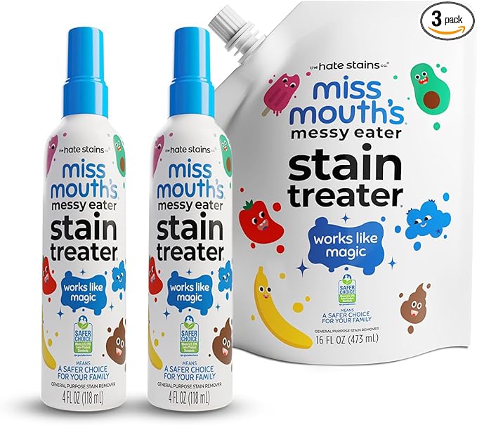 Miss Mouth's Messy Eater Stain Treater - 4oz 2-Pack Spray & 16oz Refill Pouch - Laundry Spot Cleaner for Baby Clothes, Carpet & Fabric