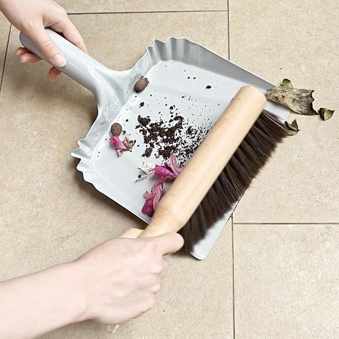 Metal Dust Pan and Brush Set Soft Bristle Wooden Broom Heavy Duty for Fireplace, Garage, Workshop