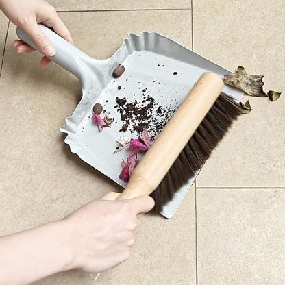 Metal Dust Pan and Brush Set Soft Bristle Wooden Broom Heavy Duty for Fireplace, Garage, Workshop