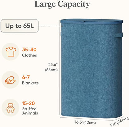 Lifewit 65L Slim Laundry Basket with Lid, Narrow Large Laundry Hamper with Plastic Handles and Removable Bag, Tall Foldable Dirty Clothes Hampers for Laundry Room, Bedroom, Bathroom, Dorm, Dark Blue