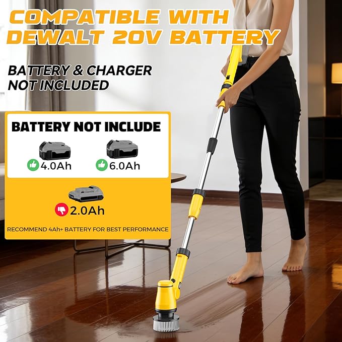 Electric Spin Scrubber Compatible with DeWalt 20V Battery, Ecarke Cordless Cleaning Brush with 4-Stage Handle, 8 Cleaning Heads for Bathroom/Floor/Kitchen/Tub/Tile, 2 Speeds – Tool Only