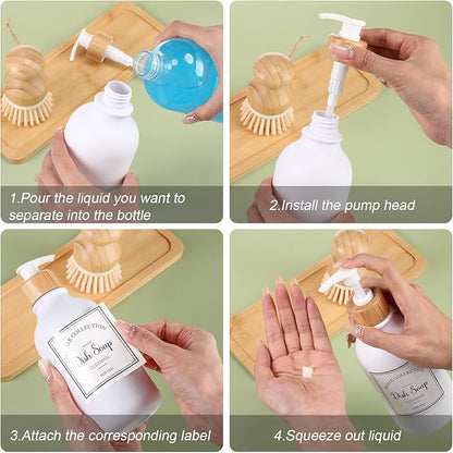 Zopeal 4 Pcs 16 oz Kitchen Soap Dispenser Set with Bamboo Tray and Dish Brush Plastic Soap Dispenser Set with Waterproof Labels for Hand Dish Lotion(Frosted White)