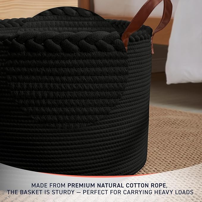 XLarge Round Cotton Rope Storage Basket Bin Organizer Laundry Hamper with Leather Handles, 21 x 21 x 14, Extra Large Blanket Woven Basket for Nursery - Black