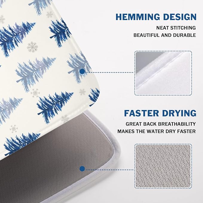 Winter Dish Drying Mat 18 x 24 Inch Blue Tree Dish Drying Pad Absorbent Microfiber Mats for Snowflake Dish Rack Pad for Holiday Kitchen Counter Coffee Bar Decor