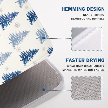 Winter Dish Drying Mat 18 x 24 Inch Blue Tree Dish Drying Pad Absorbent Microfiber Mats for Snowflake Dish Rack Pad for Holiday Kitchen Counter Coffee Bar Decor